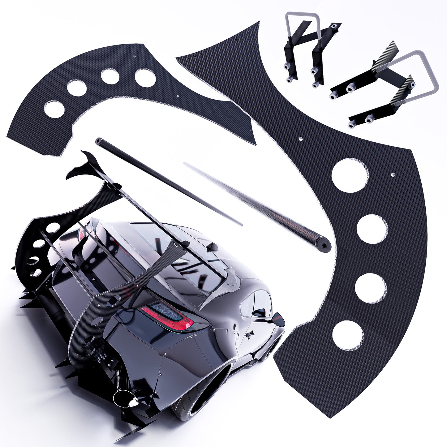 Universal Carbon Fiber Wing Mounting Plates - Heavy Duty 1x1" Square Tube Adapters for Chassis-Mounted Spoilers Complete Bracket System for Aftermarket Wings (No Drilling Required)